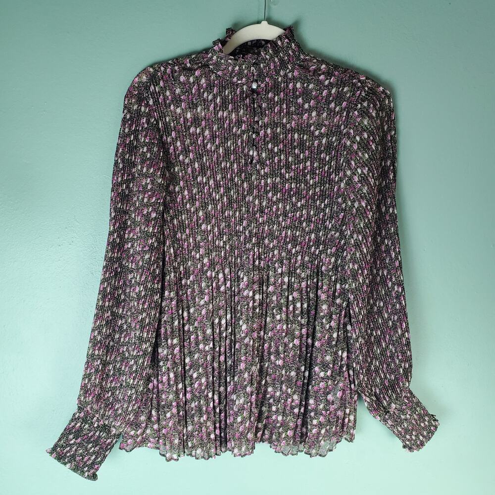 Cabi Womens Knife Pleat Floral High Neck Semi-Sheer Blouse Size Medium